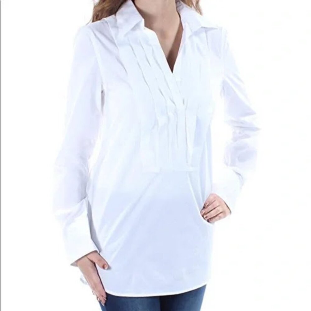Lauren Ralph Lauren White Pintuck V-Neck Tunic Blouse